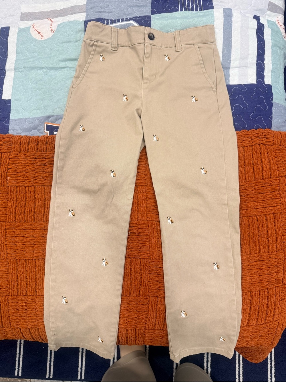 Janie and Jack Khaki Straight-Leg Jeans with Bull Dog Embroidery